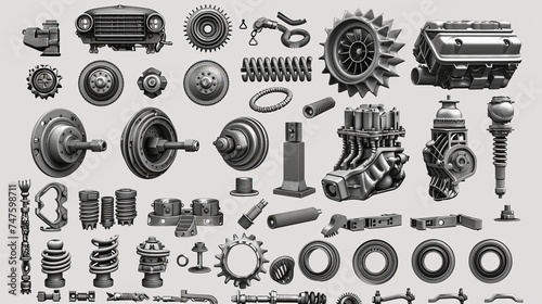 Car Parts Technical Drawing, automobile car machine engine 3D vector. car service elements isolated on white   background. photo