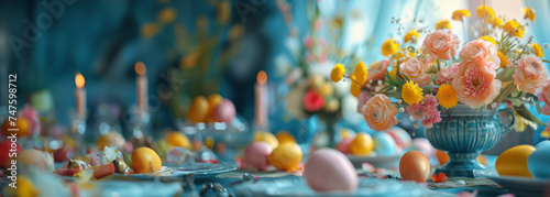 Wishing you a joyful Easter! Enjoy this celebratory Easter setting with colorful eggs and flowers