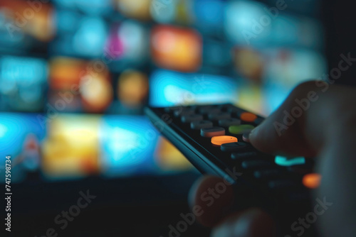 A hand confidently holds a remote control, poised in front of a television, ready to switch channels or adjust the volume