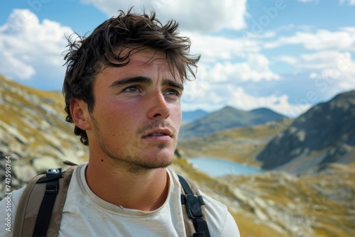 Young hiker with a serene mountain lake backdrop.