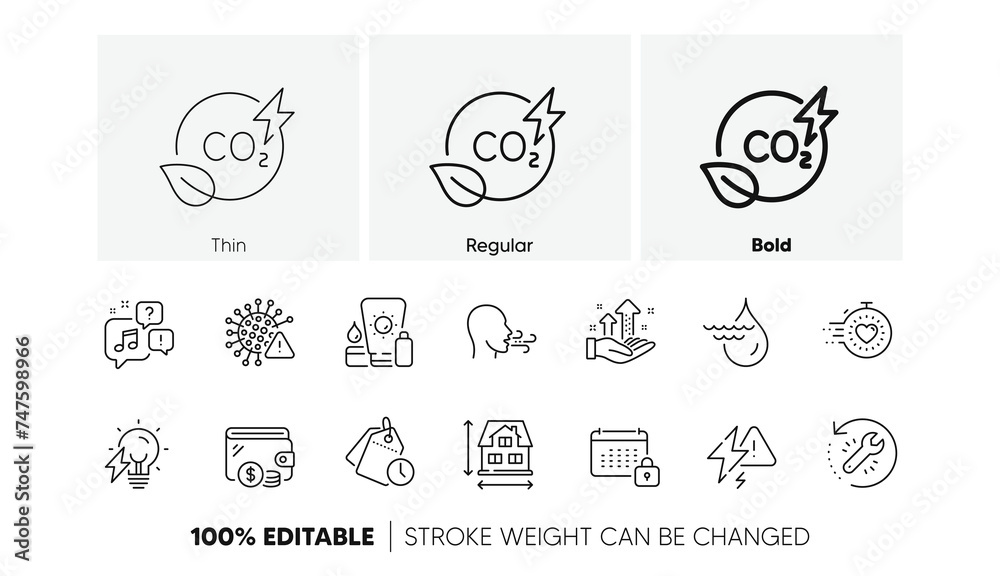 House dimension, Recovery tool and Timer line icons. Pack of Co2 gas, Covid virus, Analysis graph icon. Wallet, Calendar, Hydroelectricity pictogram. Electricity bulb, Breathing exercise. Vector