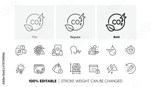 House dimension, Recovery tool and Timer line icons. Pack of Co2 gas, Covid virus, Analysis graph icon. Wallet, Calendar, Hydroelectricity pictogram. Electricity bulb, Breathing exercise. Vector