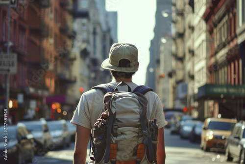 A traveler in a grey hat and yellow backpack ready to cross an urban street.