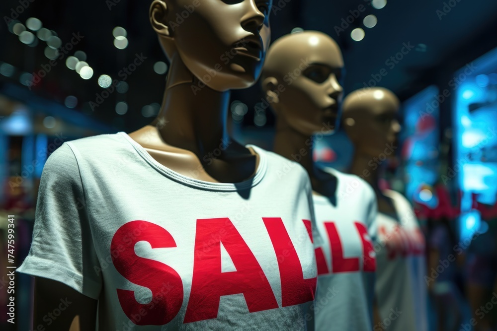 Mannequins with expressionless faces donning 'SALE' t-shirts in a retail display.