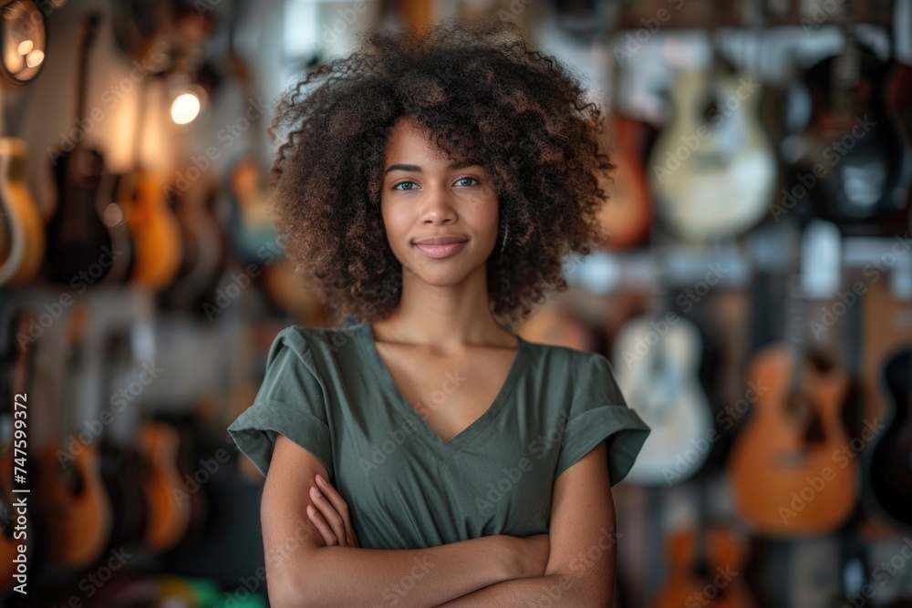 An aspiring musician smiles gently, surrounded by an assortment of hanging guitars. An aspiring musician smiles gently, surrounded by an assortment of hanging guitars.