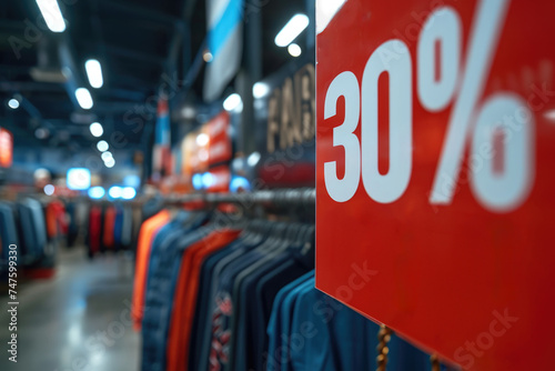 A bold 30 off sale sign in a clothing store, with racks of apparel in the background.