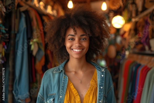 A cheerful young woman with curly hair smiling in a clothing store.