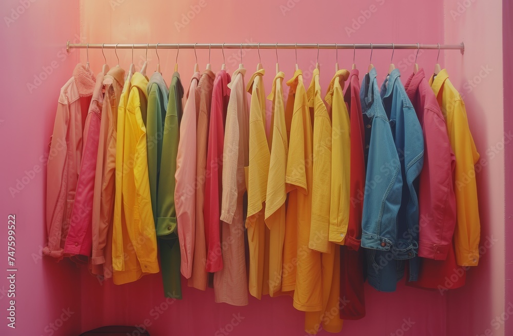 a rack of hanging from a pink wall a rack of hanging from a pink wall