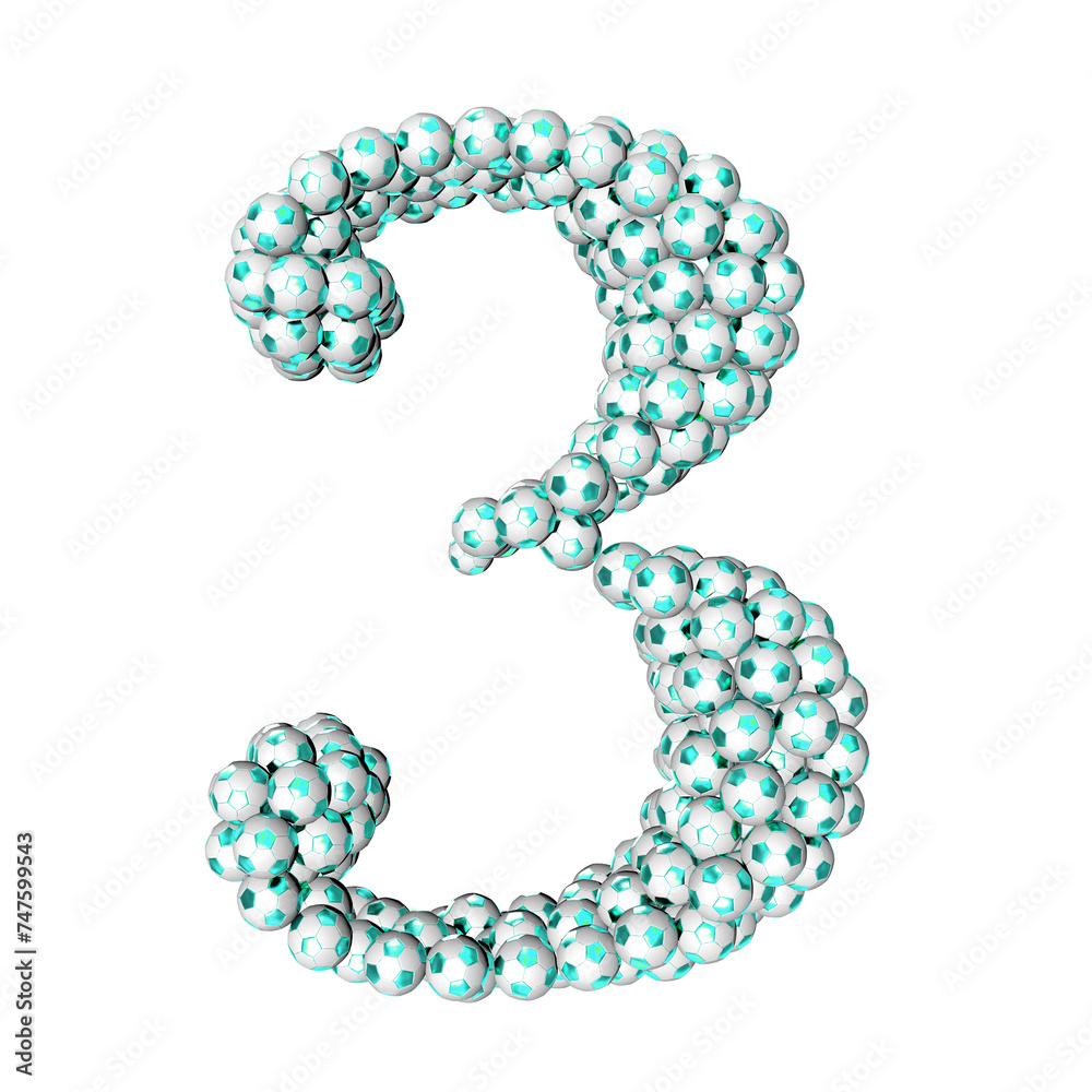 Symbols made from turquoise soccer balls. number 3