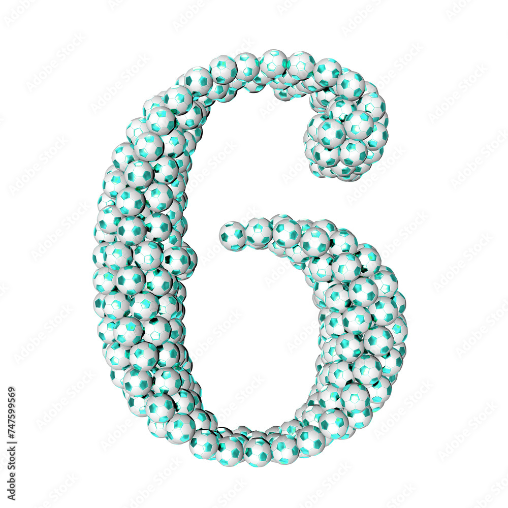 Symbols made from turquoise soccer balls. number 6 Symbols made from turquoise soccer balls. number 6