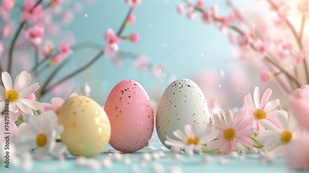 Wishing you a joyful Easter! Celebratory Easter-themed background featuring eggs and flowers