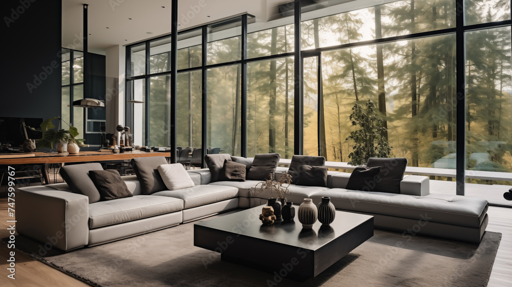 Nowoczesny jasny salon w czerni i szarości z przeszklonymi oknami i światłem. Styl industrialny. Wystrój wnętrza, wysoki sufit i antresola z widokiem na ogród. Render 3d