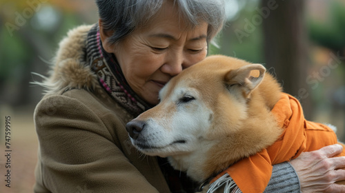 公園で犬を抱きしめる日本人女性GenerativeAI