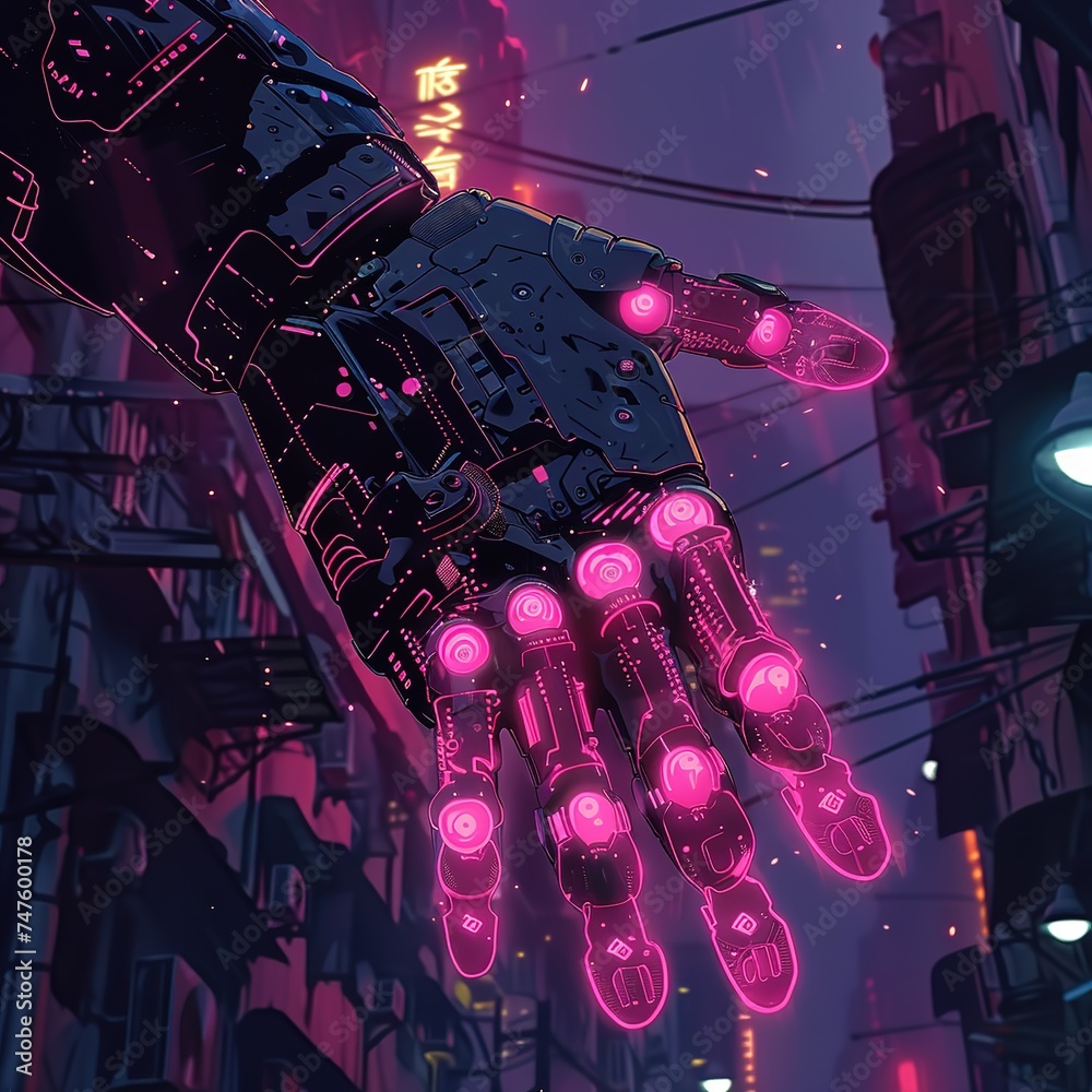 Cyberpunk hand in neon lighting