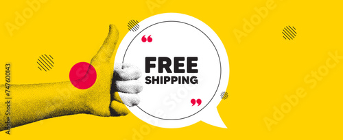 Hand showing thumb up like sign. Free shipping tag. Delivery included sign. Special offer symbol. Free shipping chat bubble message. Grain dots hand. Like thumb up sign. Vector