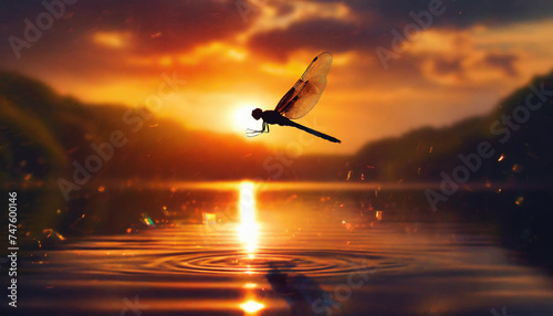 Dragonfly in flight at sunset lake background. 