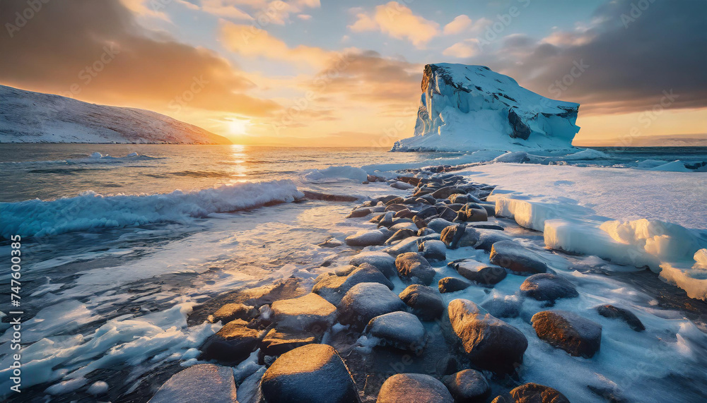  Winter landscape, stone beach and ice on sea at the sunset. - obrazy, fototapety, plakaty 