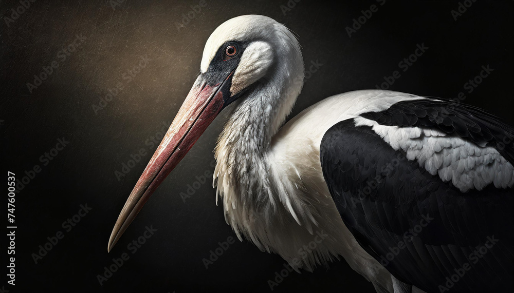 Close-up  stork ciconia portrait on dark background.