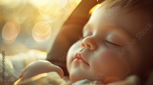 Cute funny baby boy sleeping in car - child seat. effect of soft shining sun