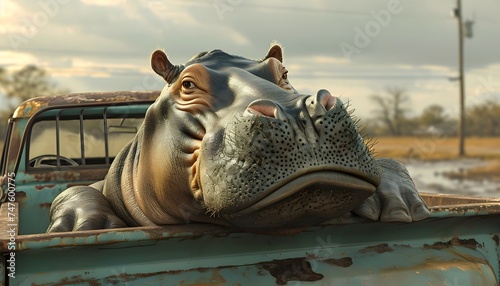 big hippo laying in the back of a pickup truck funny animal  photo