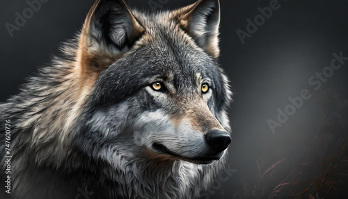 Close up wolf on dark background. 