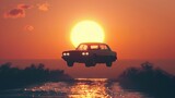 A beautiful vintage car is flying towards the sun. to solve traffic problem