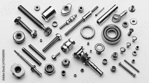 metal parts, bolts, nuts, tubes, engines, chrome parts, monochrome image, white background 