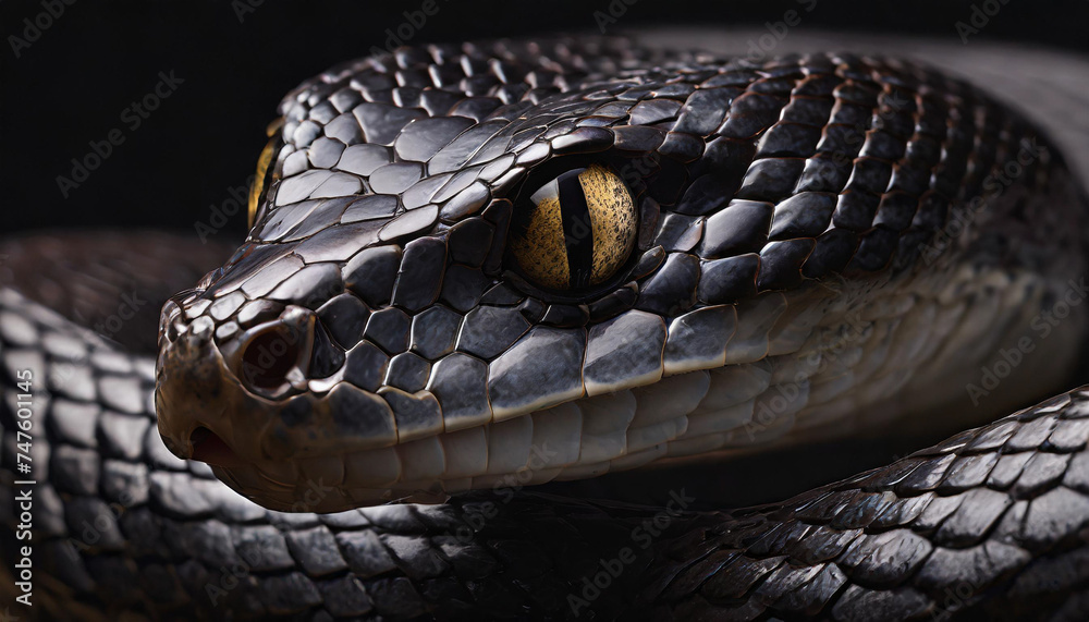 Obraz premium Close up snake portrait on dark background. 