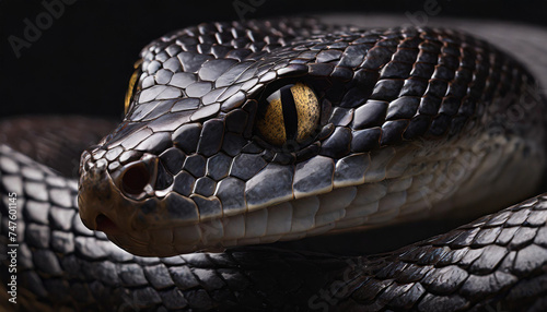Close up snake portrait on dark background. 