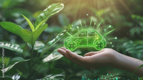 Woman’s Hand Interacting with Hi-Tech Infographic: Embracing Green Ecological Technology and Modern EV Car Usage