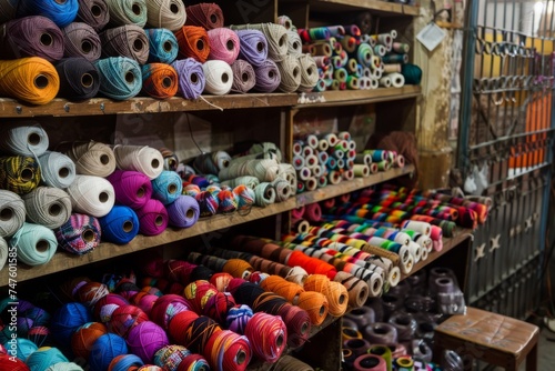 Many different bobbins of yarn