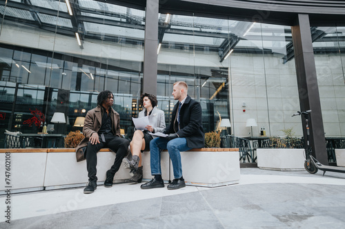 Wallpaper Mural A multiethnic team of three professionals having a business discussion outside a modern building, with documents and an e-scooter nearby. Torontodigital.ca