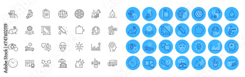 Transmitter, Fire energy and 5g internet line icons pack. Medical mask, Cable section, Face biometrics web icon. Brain working, Clipboard, Education pictogram. Time management. Vector