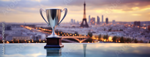 World cup. Trophy overlooking a cityscape at dusk. The award sparkles, symbolizing achievement against an urban backdrop. Panorama with copy space. photo