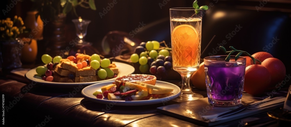 A table in a restaurant is set with plates of appetizers and glasses of juice. The spread is inviting and ready to be enjoyed by diners in the establishment.