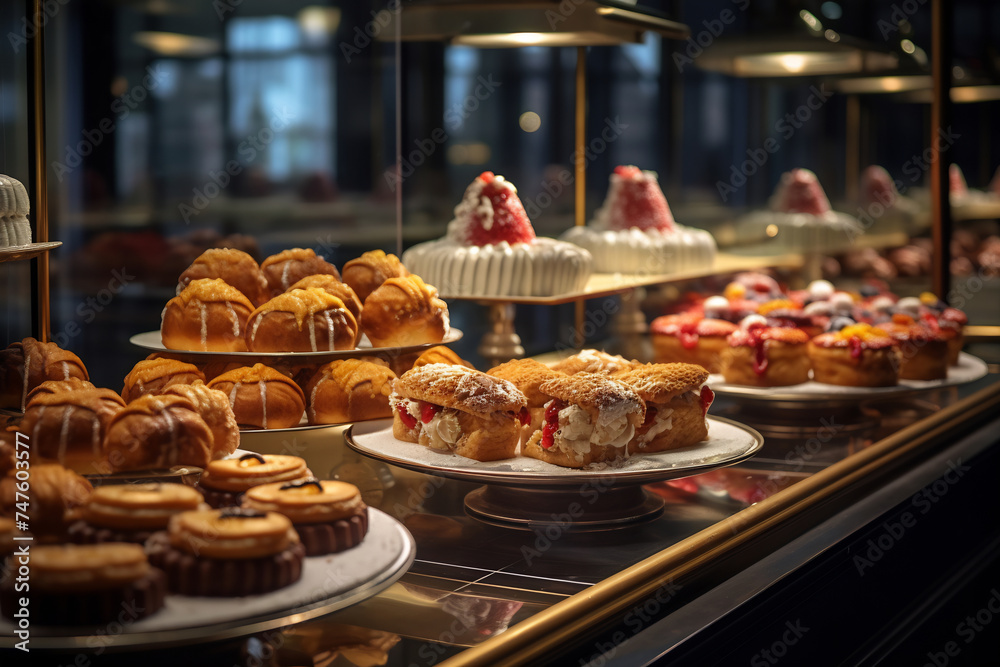 Gourmet Pastries in Elegant Bakery Showcase