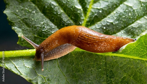A slug crawling on a leaf, little slimy animal 