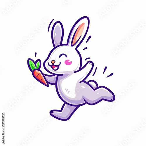Cheerful cartoon rabbit hopping with a carrot, perfect for children's media and Easter themes.