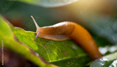 A slug crawling on a leaf, little slimy animal  photo