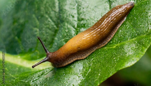 A slug crawling on a leaf, little slimy animal 