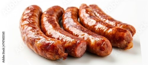 Delicious sausages are neatly arranged on a white plate, creating an appetizing display.