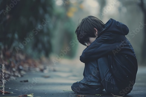 boy sitting in the middle of the street rainy day sad depression brown hair black jacket  photo