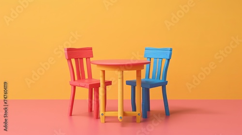 a colorful  exhibition stand-style table and two chairs set against a desolate backdrop