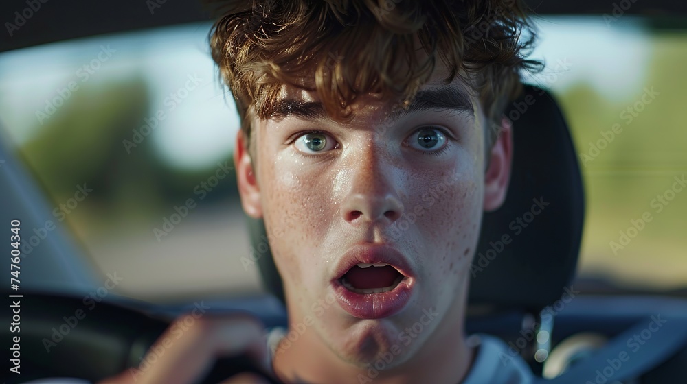 A young man behind the wheel of a modern car. He has a look of surprise on his face. The lines of age and experience on his face. His eyes are wide, his eyebrows are raised, and his mouth is slightly - obrazy, fototapety, plakaty 