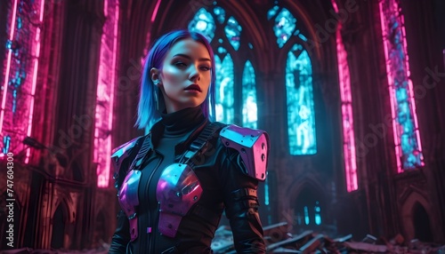 Cyberpunk girl with armored suit in a gothic ancient cathedral, ruined, 