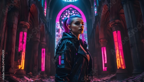 Cyberpunk girl portrait in a gothic ancient cathedral, ruined, 