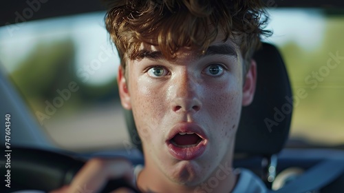 A young man behind the wheel of a modern car. He has a look of surprise on his face. The lines of age and experience on his face. His eyes are wide, his eyebrows are raised, and his mouth is slightly photo