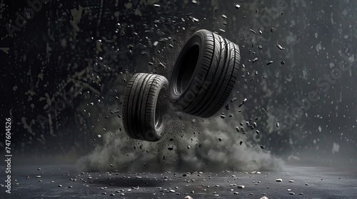 tires flying against a plain, dark gray backdrop
