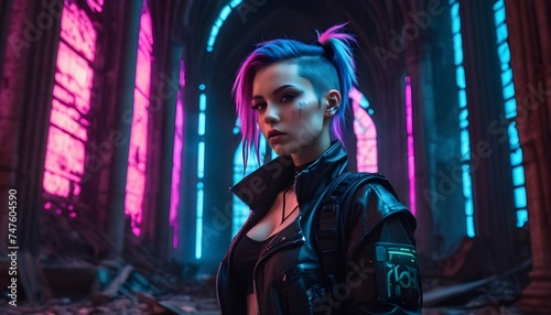Cyberpunk girl portrait in a gothic ancient cathedral, ruined, 