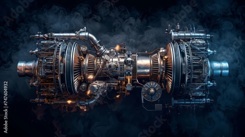 Diesel turbo engine against a dark background. From the shadows, the twin-turbine engine assemblies appear.